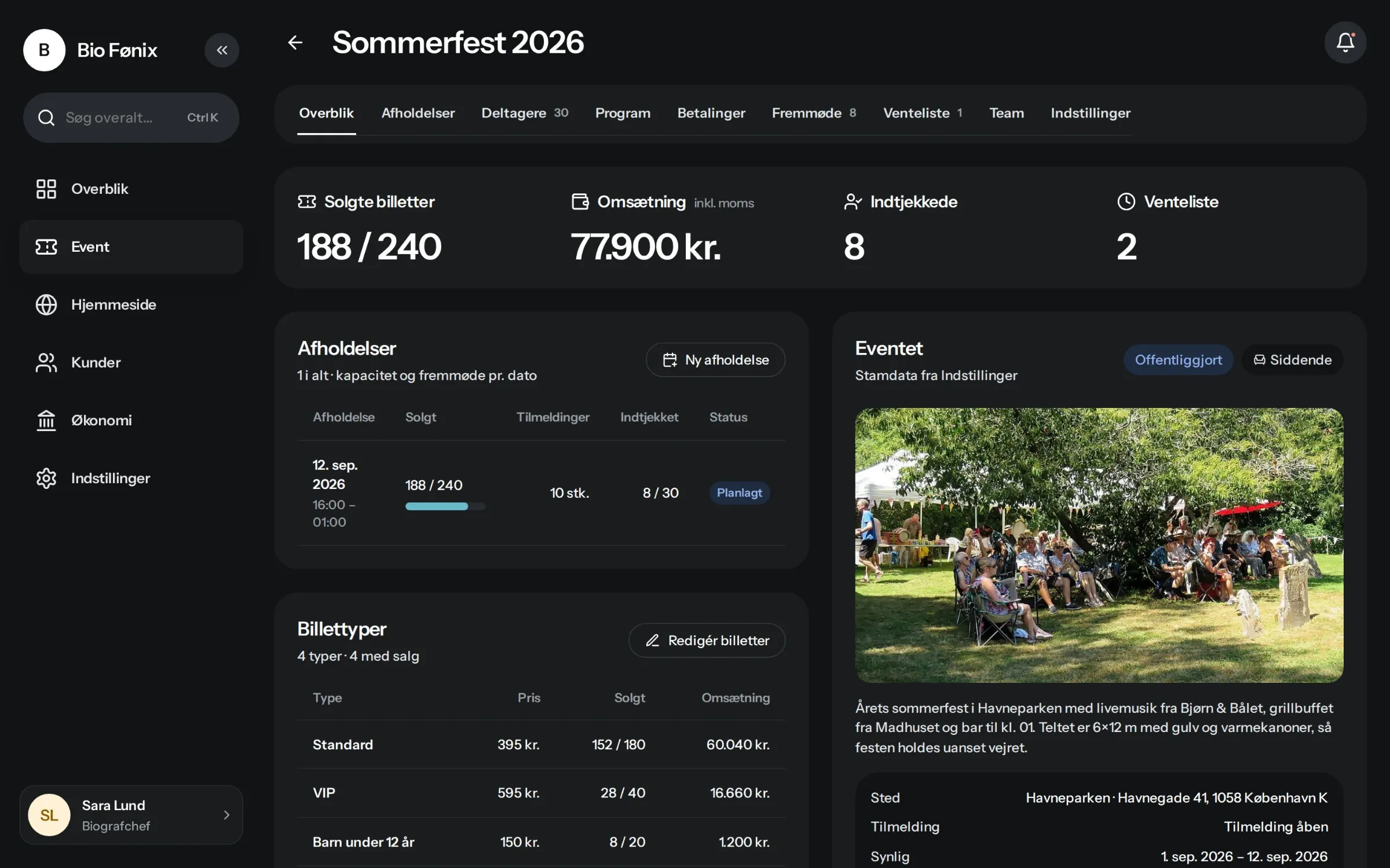 Eventsiden for Sommerfest 2026 i mørkt tema med nøgletal, afholdelser og billettyper.